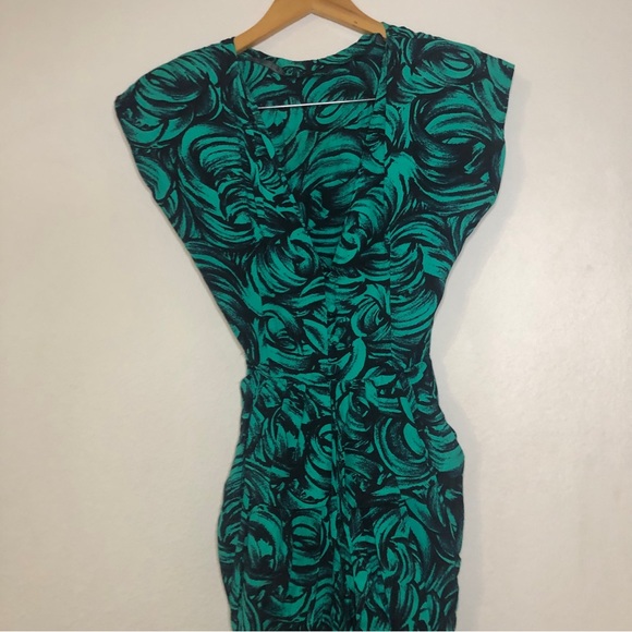 Vintage 80s Sterling Silver Rose Print V-Neck Formal Dress w/ Shoulder Pads - Picture 4 of 16